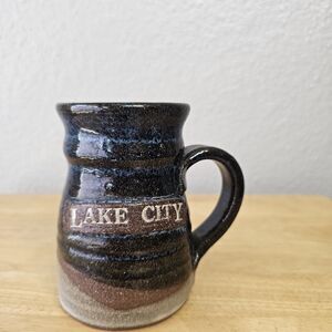 Lake City Stoneware Mug Handmade Pottery Coffee Cup Rustic Blue Brown Drip Glaze